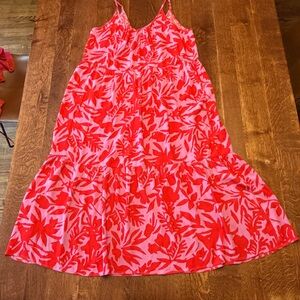 LOFT Red and Pink Patterned midi dress